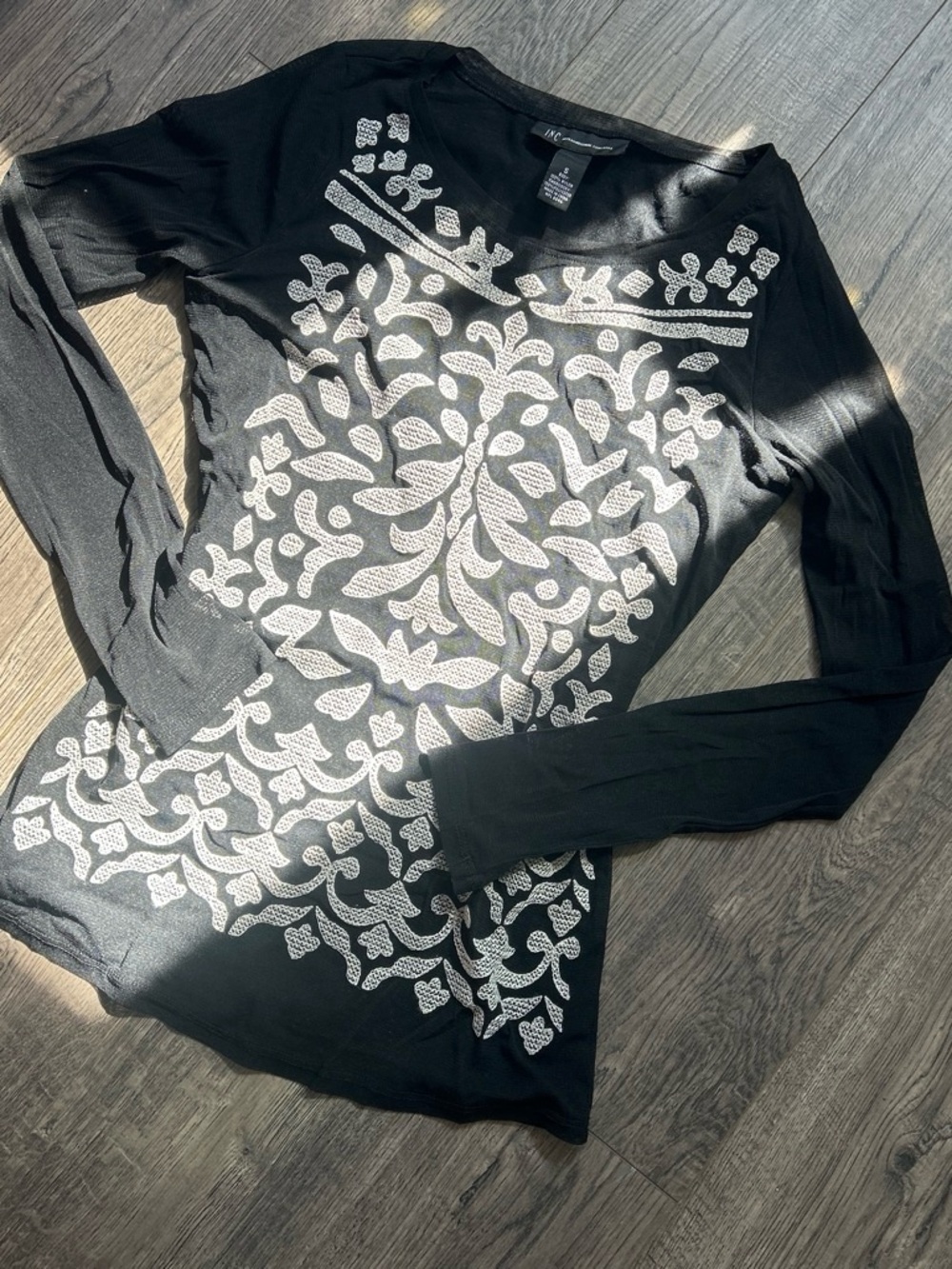 INC International Concepts Black Top with White Embroidered Design